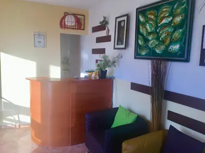 a living room with a couch and a painting on the wall at Hotel Elmaz in Lozenets