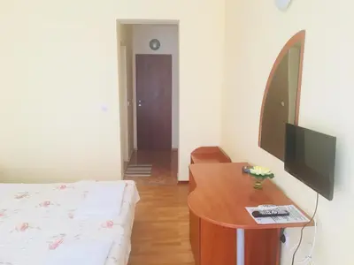 a room with a bed and a desk with a television at Hotel Elmaz in Lozenets