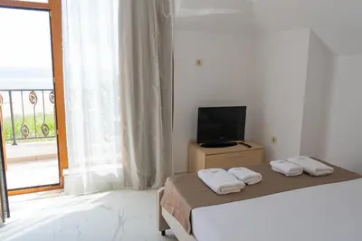 a bedroom with a bed and a tv and a window at Dion Apartments in Lozenets