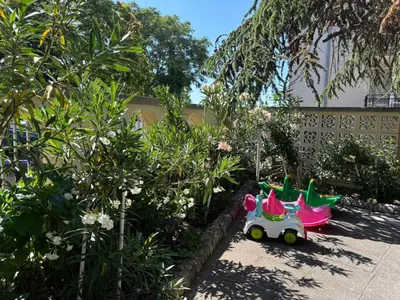 a toy car is sitting in a garden at Family Hotel Chris in Sveti Vlas