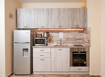 a kitchen with a refrigerator and a microwave at Апартаменти 