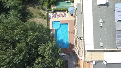 an overhead view of a swimming pool in a house at Park and pool Studio Apostolovi in Nesebar