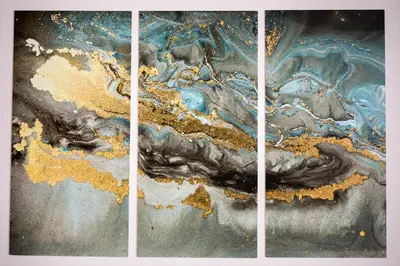 three images of a painting with gold and blue at Aleksapart in Burgas City