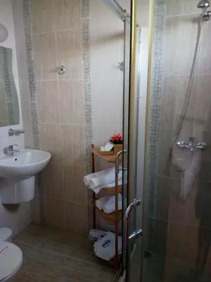 a bathroom with a shower and a sink and a toilet at Family Hotel Bellehouse in Chernomorets