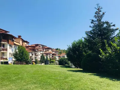 a green yard with a tree in front of some buildings at APARTELLO Modern Apartment - Garden of Eden in Sveti Vlas