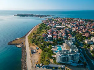 an aerial view of a resort on the water at Festa Panorama Hotel in Nesebar