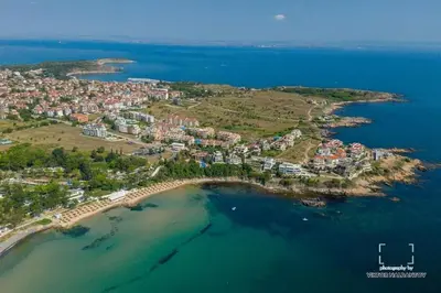 an aerial view of a small island in the water at GG Garden Deluxe in Chernomorets