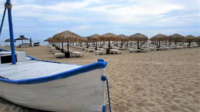 a row of chairs and straw umbrellas on a beach at New Line Village Apartments in Sunny Beach