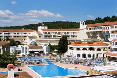 arial view of a hotel with a swimming pool at Duni Pelican Hotel - All Inclusive in Sozopol