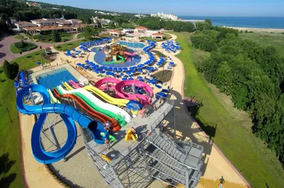 an aerial view of a water park with a water slide at Duni Marina Beach Hotel - All Inclusive in Sozopol