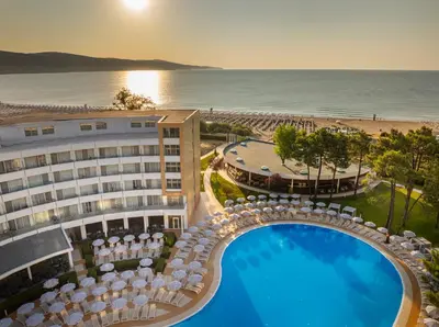 an aerial view of a hotel with a pool and the ocean at AluaSoul Sunny Beach - Adults Only - All Inclusive in Sunny Beach