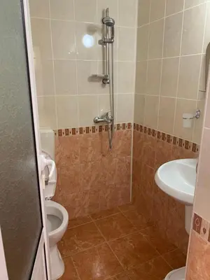 a bathroom with a shower and a toilet and a sink at Lilia Guest House in Nesebar