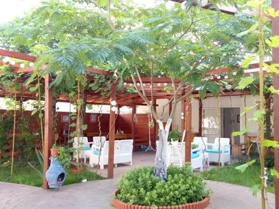a patio with a table and chairs under a pergola at Ethno guest suite in Primorsko