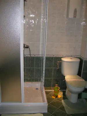 a bathroom with a shower and a toilet at Dari Guest Rooms Стаи за гости Дари in Nesebar