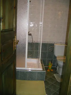 a bathroom with a shower and a toilet at Dari Guest Rooms Стаи за гости Дари in Nesebar