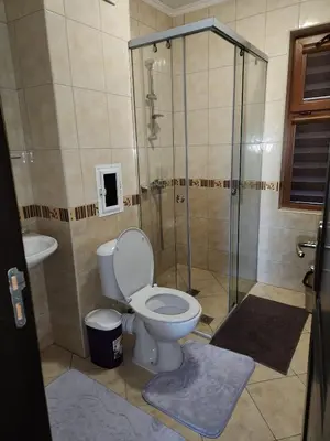 a bathroom with a toilet and a shower at PANTELI APART HOUSE in Aheloy