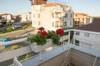 a planter with red flowers on a balcony at Hiora Apartments Vasiliko in Tsarevo