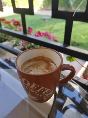 a cup of coffee sitting on a table in front of a window at Ferano Beach Apartments in Nesebar