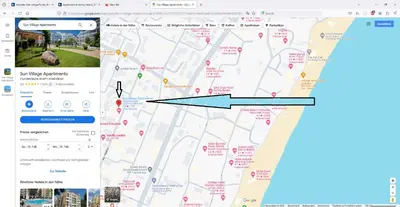 a map with a blue arrow on a google maps at Apartment in Sunny beach, Complex Sun Village, 80 qm, 2 bedrooms & living room near to the beach, SWIMMING POOL, garden in Sunny Beach