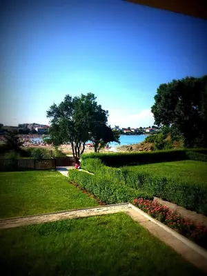 a garden with a view of the water and a tree at Arapya Beach Apartment in Tsarevo