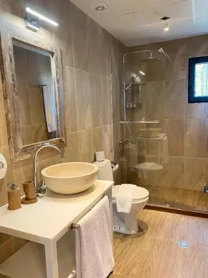 a bathroom with a sink and a toilet and a shower at Gradina Forest Villas in Sozopol
