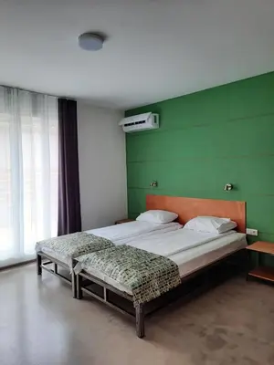 a bedroom with two beds and a green wall at VIDA in Lozenets