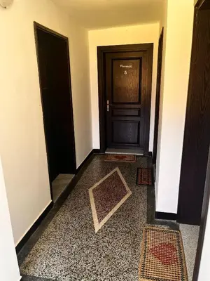 a hallway with a black door and a rug at Kъща за гости Христина in Lozenets