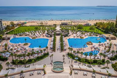 an aerial view of a resort with a beach at DIT Majestic Beach Resort in Sunny Beach
