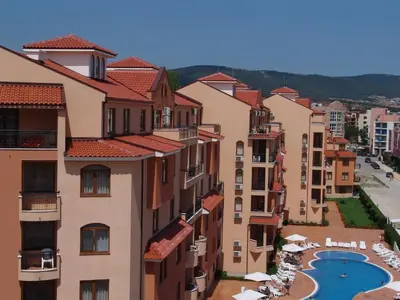 arial view of a city with buildings and a pool at Apart Hotel Kasandra in Sunny Beach