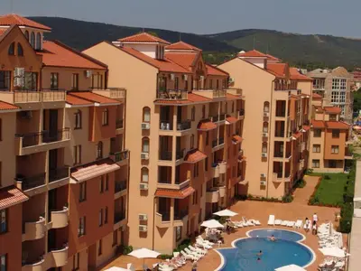 a view of a group of buildings with a swimming pool at Apart Hotel Kasandra in Sunny Beach