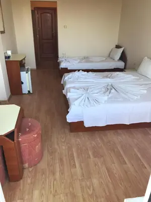 a hotel room with three beds and a wooden floor at Arkadia Guest House in Primorsko