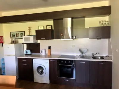 a kitchen with a sink and a washing machine at Oasis Beach Apartments Kamchia in Kamchia