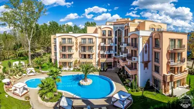 an aerial view of an apartment building with a swimming pool at Aphrodite Rose in Sunny Beach