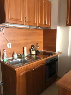a kitchen with a sink and a stove at Dunav Apt.1 in Ravda