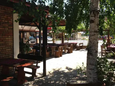 a group of tables and benches under a tree at Complex Astra in Sunny Beach
