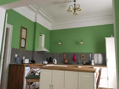 a kitchen with green walls and a counter top at Апартамент ELSOR in Burgas City
