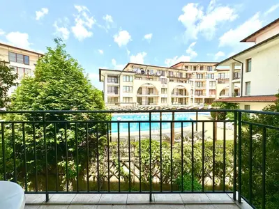 a balcony with a view of a building at Arkite Complex in Sunny Beach