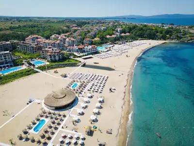 an aerial view of a beach and the ocean at Oasis Resort Lozenets in Lozenets