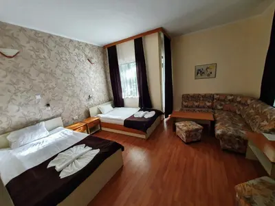 a hotel room with a bed and a couch at Hotel Sigma in Kiten