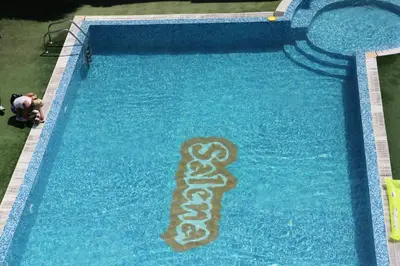 an overhead view of a swimming pool with a snake in the water at Salena Beach Hotel in Primorsko