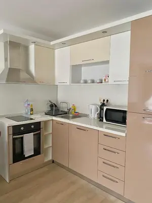 a kitchen with white cabinets and stainless steel appliances at Apartments in complex ATIA RESORT in Chernomorets