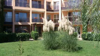 a building with tall grass in front of it at Sozopoli Hills Simeonov Apartments in Sozopol