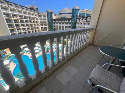 a balcony with a view of the resort at Miramar Front Beach Self Catering Apartments No Swim Pool Access in Sunny Beach