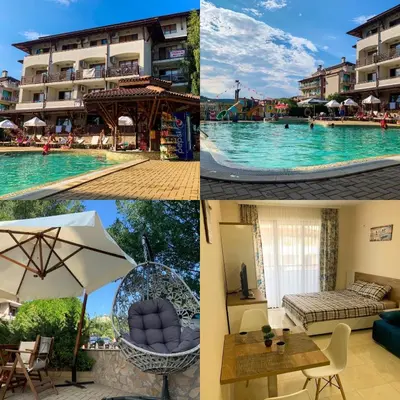 a collage of photos of a hotel and a pool at MM Complex Dimitrovi in Primorsko