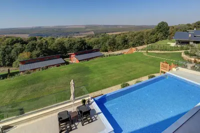 an aerial view of a house with a swimming pool at Eco complex Zdravets near Varna in Zdravets