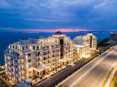 an aerial view of a building at night at Onyx Beach Residence - Free Beach Access & Parking in Sveti Vlas