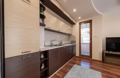 a kitchen with wooden cabinets and a sink and a tv at Apartment Aventurine in Varna City