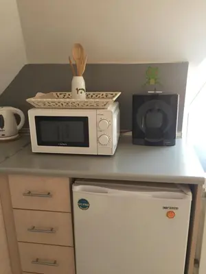 a microwave and a toaster oven on a kitchen counter at Studio Stoianovi in Nesebar