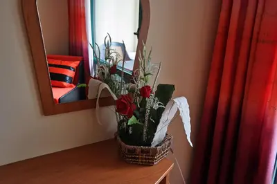 a vase of flowers sitting on a table in front of a mirror at Tanya Hotel in Sunny Beach