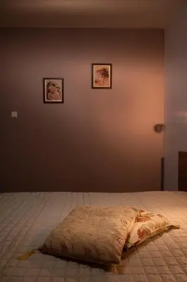 a bed in a room with two pictures on the wall at Kalypso Hotel in Primorsko